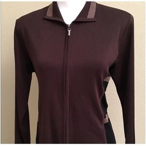 Misook Womens Large Vintage Zip Up Sweater Jacket Brown Black Acrylic Stripes